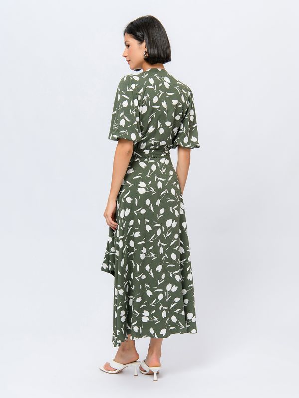 Khaki colored midi length dress with printed flare and puffed sleeves