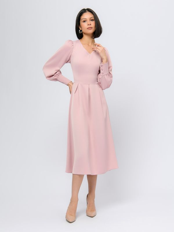 Dusty rose color midi length dress with long sleeves