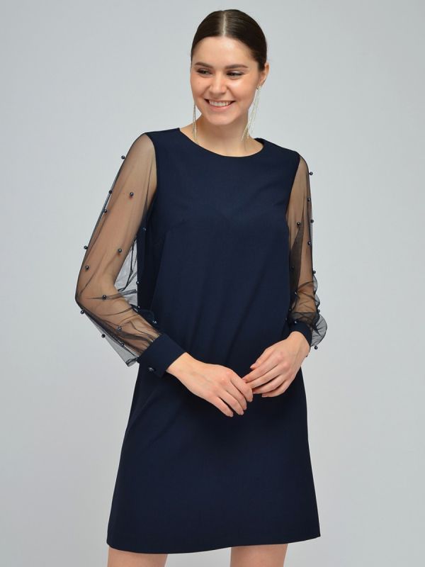 Dark blue mini length dress with beads on sleeves