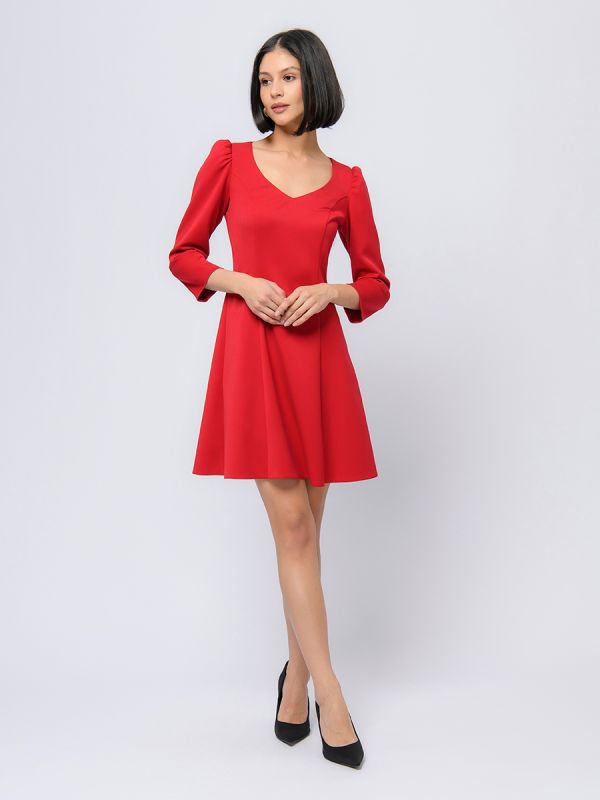 Red mini length dress with 3/4 sleeves and v-neckline