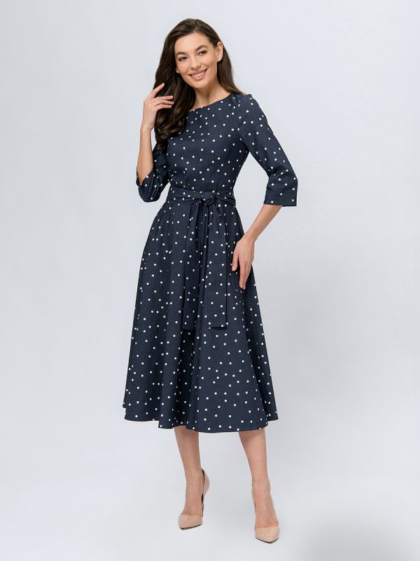 Dark blue color midi length dress with print