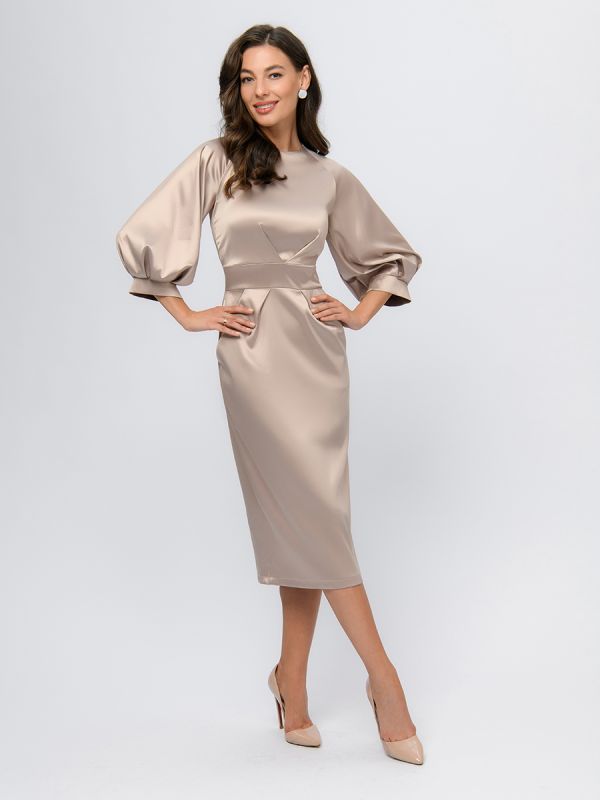 Beige colored midi length dress with puffed sleeves