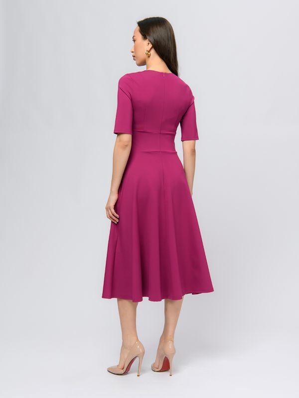 Berry colored midi length dress with deep neckline and 1/2 sleeves