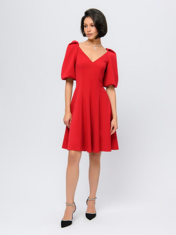 Red colored mini length dress with voluminous sleeves