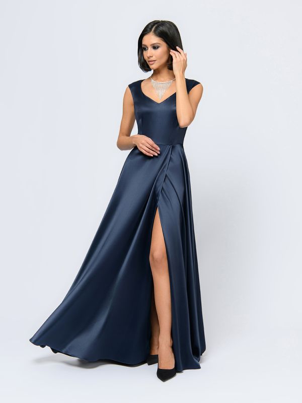 Dark blue maxi length dress with imitation flare