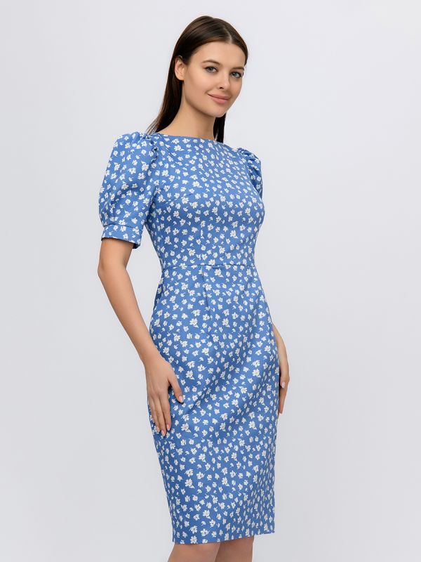 Blue floral print midi length dress with short sleeves