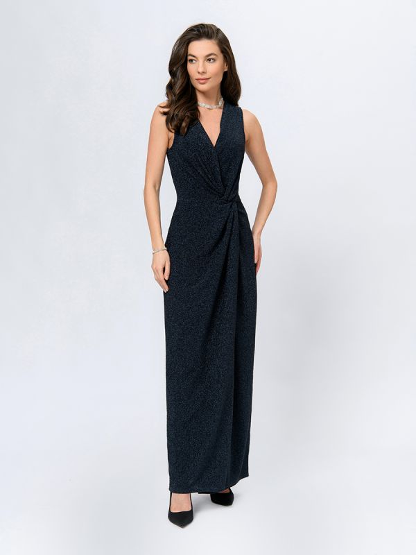 Navy blue lurex maxi length dress with draped bodice