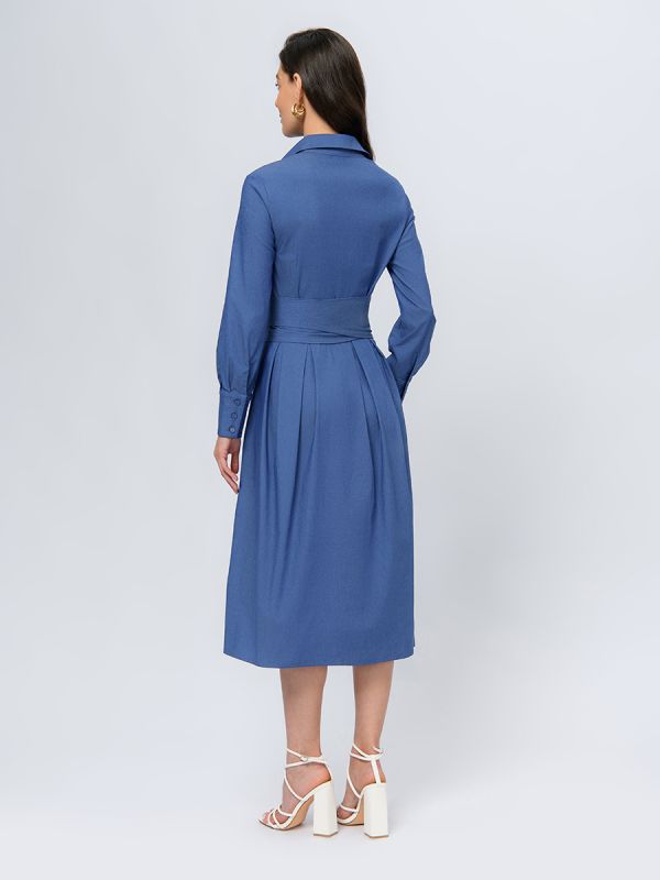 Blue colored midi length dress with collar and belted waist