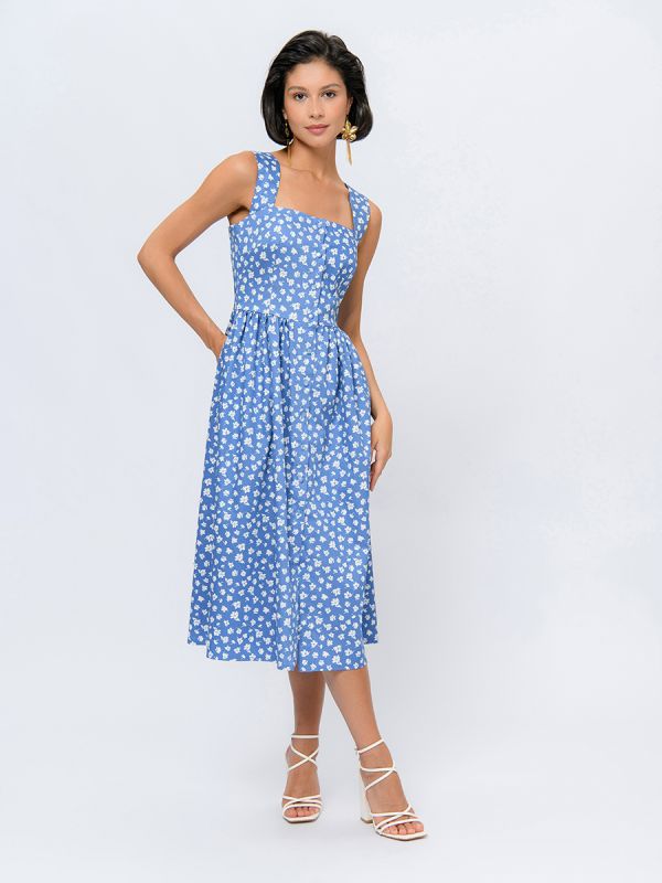 Blue colored midi length dress with print on straps