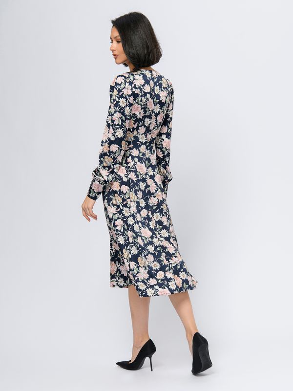 Dark blue color midi length dress with floral print