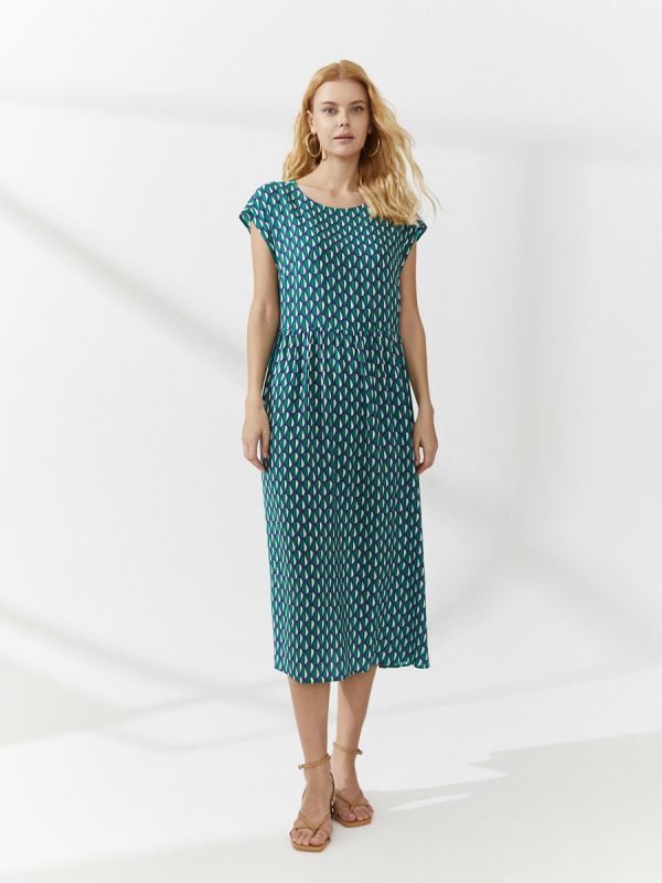 Green print midi length dress with pockets and sleeveless