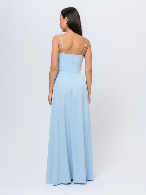 Blue maxi length dress with straps and slit skirt