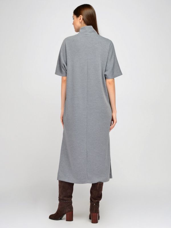 Gray midi length dress with stand collar and slits