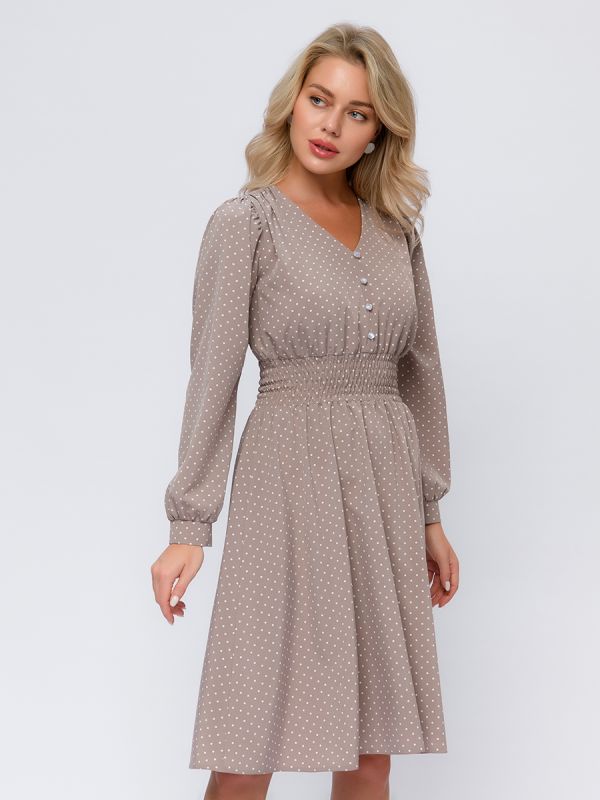 Beige polka dot midi length dress with wide elastic band at waist