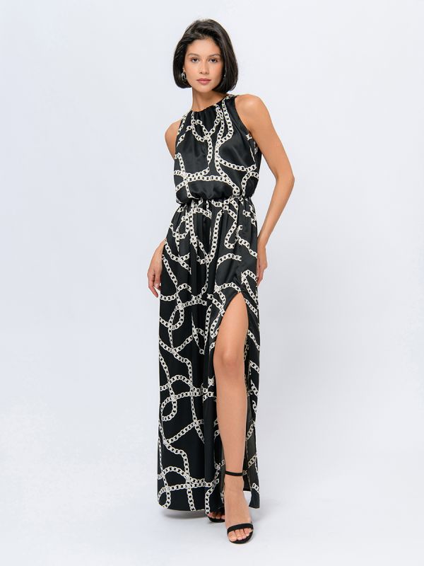 Black maxi length dress with print and skirt slit