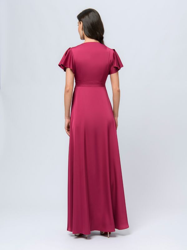 Cherry colored maxi length dress with deep neckline and shaped sleeves