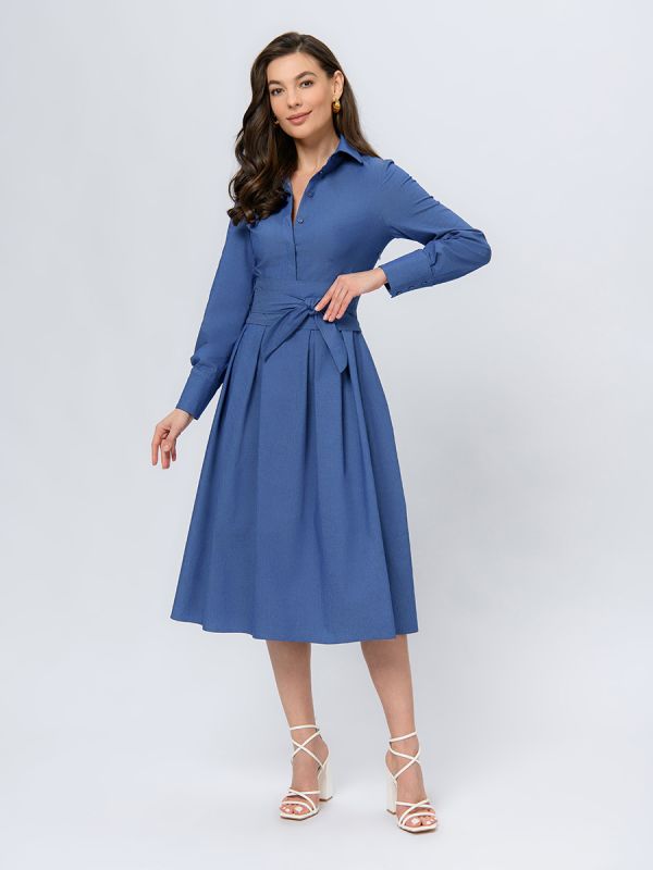 Blue colored midi length dress with collar and belted waist