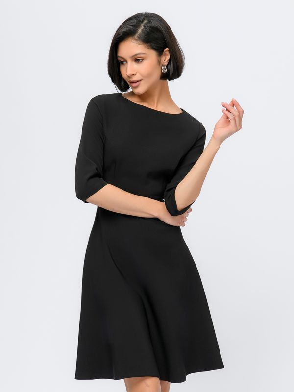 Black dress with 3/4 sleeves and flared skirt