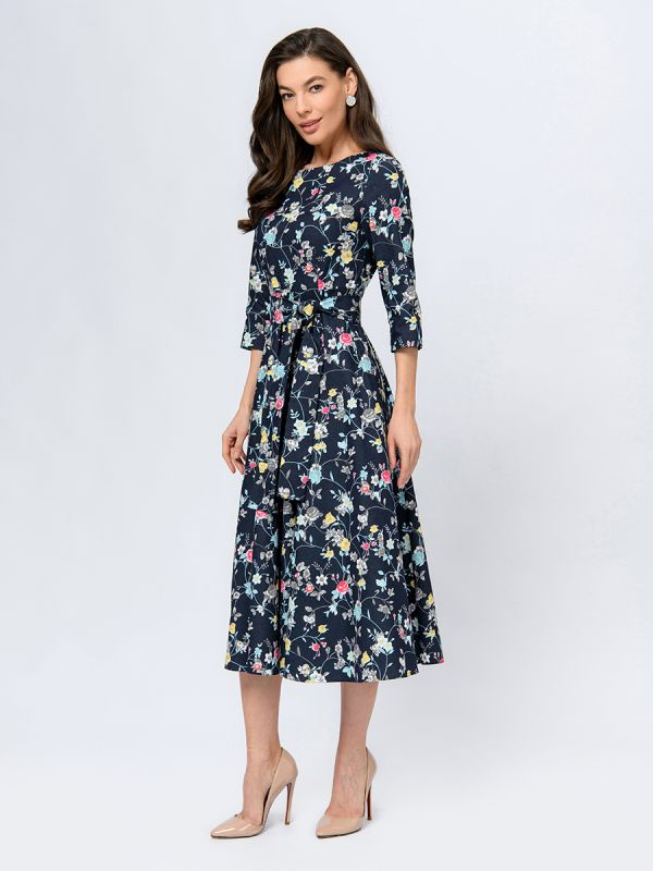 Navy blue midi length dress with floral print