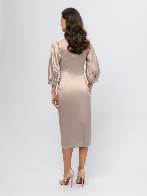 Beige colored midi length dress with puffed sleeves