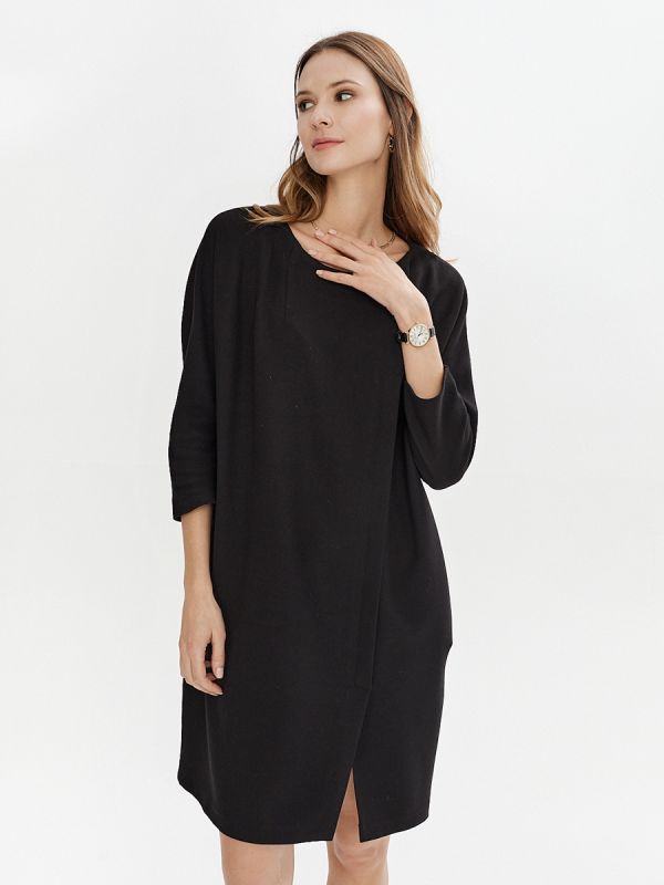 Black mini length dress with slit and pockets