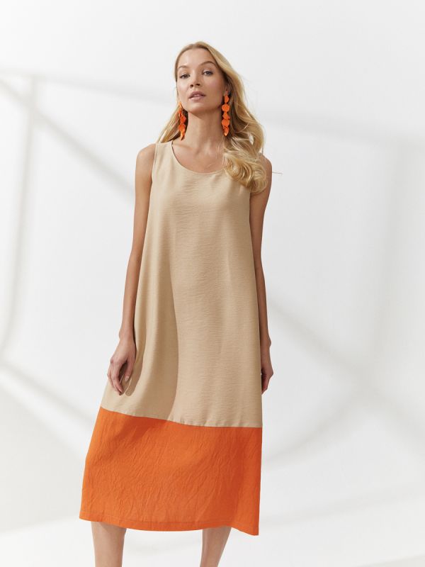 Beige dress with orange insert midi length with sleeveless pockets