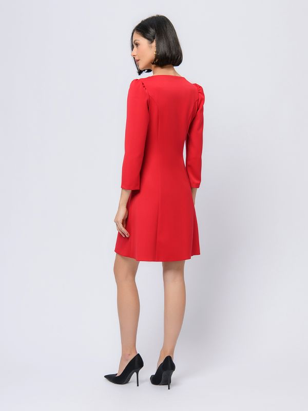 Red mini length dress with 3/4 sleeves and v-neckline