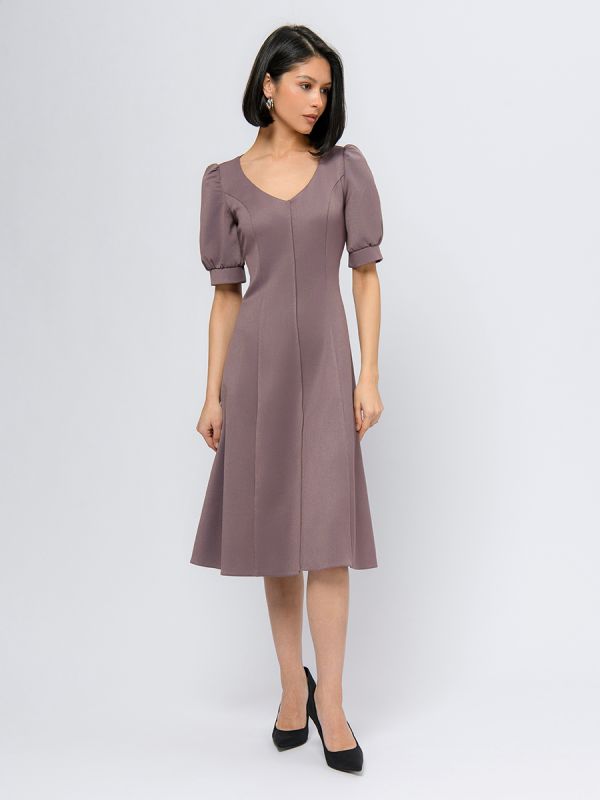 Midi length mocha colored dress with round neckline and short sleeves