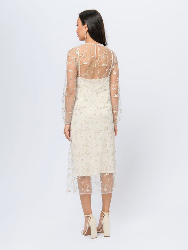 Beige colored midi length dress with floral embroidery