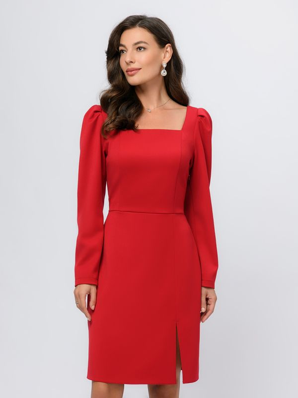 Red colored mini length dress with cowl neckline and slit