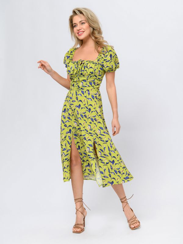 Lime colored midi length dress with a gathered bodice and short sleeves