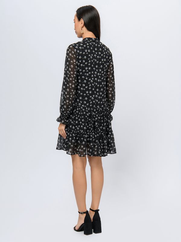 Black mini length dress with floral print and shaped neckline