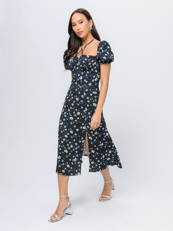 Navy blue print midi length dress with gathered bodice and short sleeves