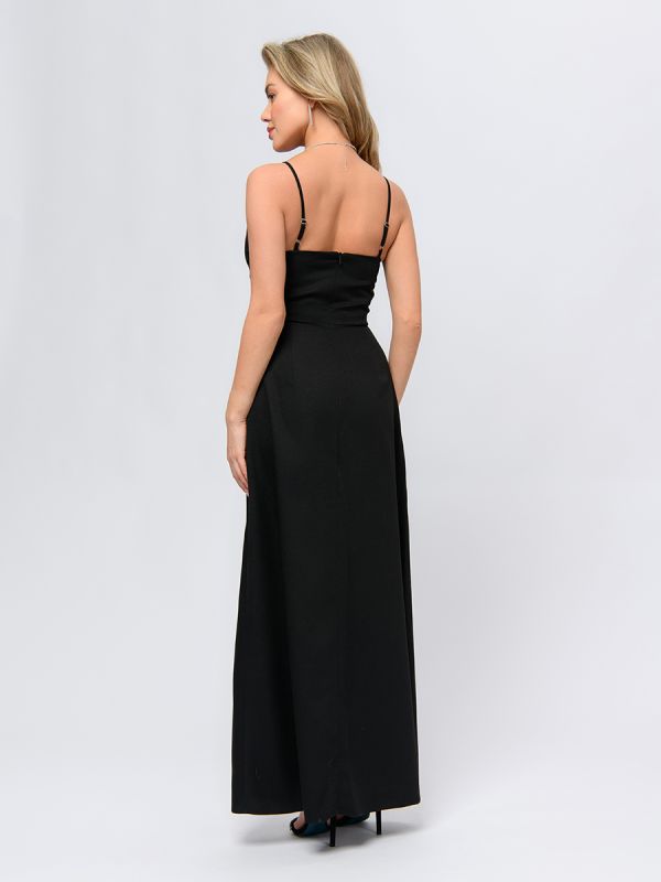 Black maxi length dress with imitation flare and open shoulders