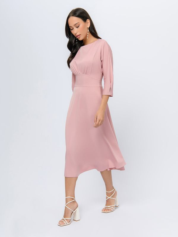 Midi length powder colored dress with flared skirt