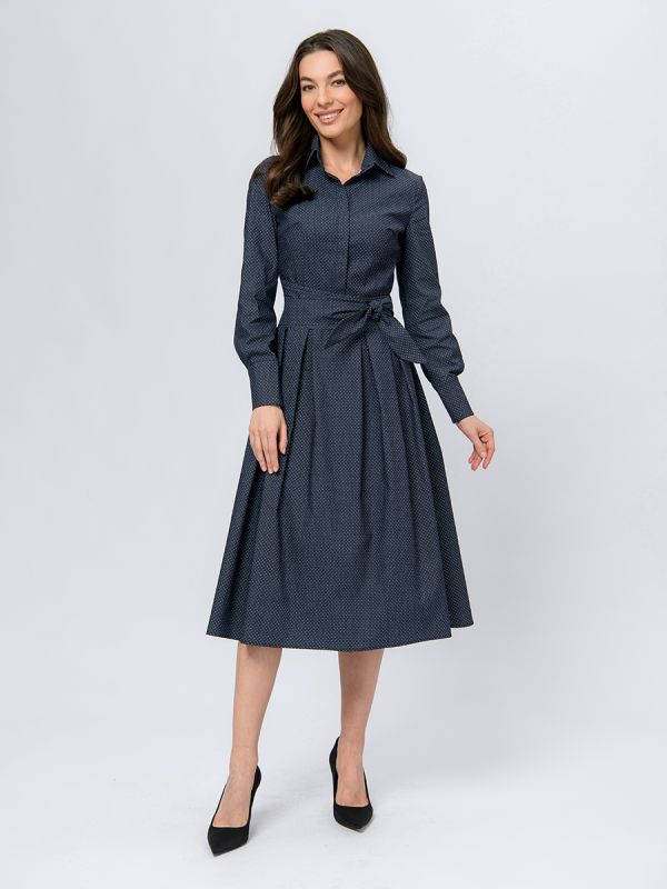 Dark blue midi length dress with print and stand-up collar