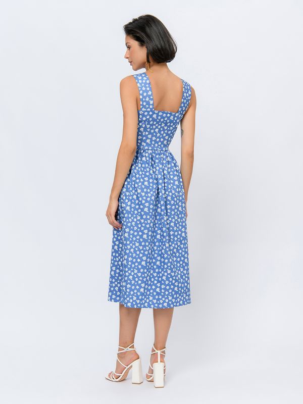 Blue colored midi length dress with print on straps