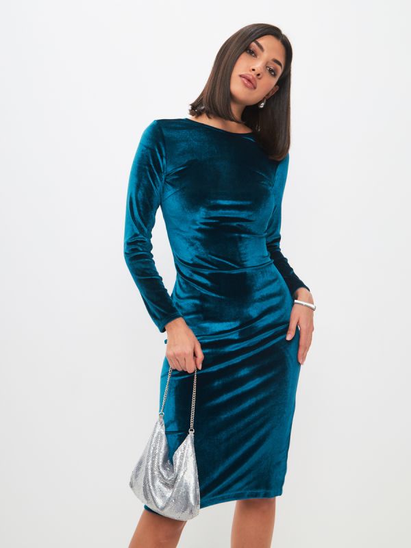 Blue midi length flare dress with V-neckline on back