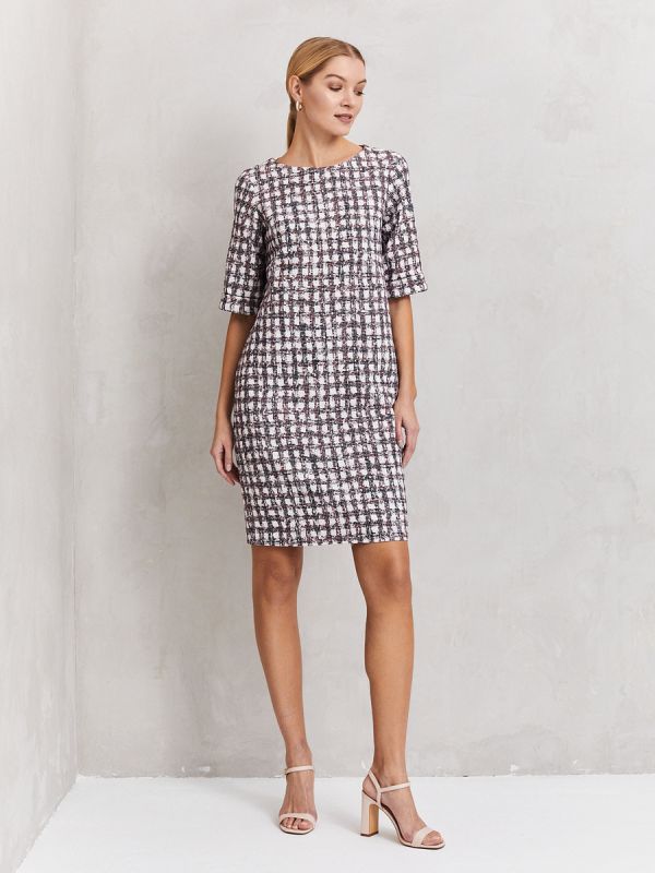 Milk colored plaid mini length dress with 1/2 sleeves