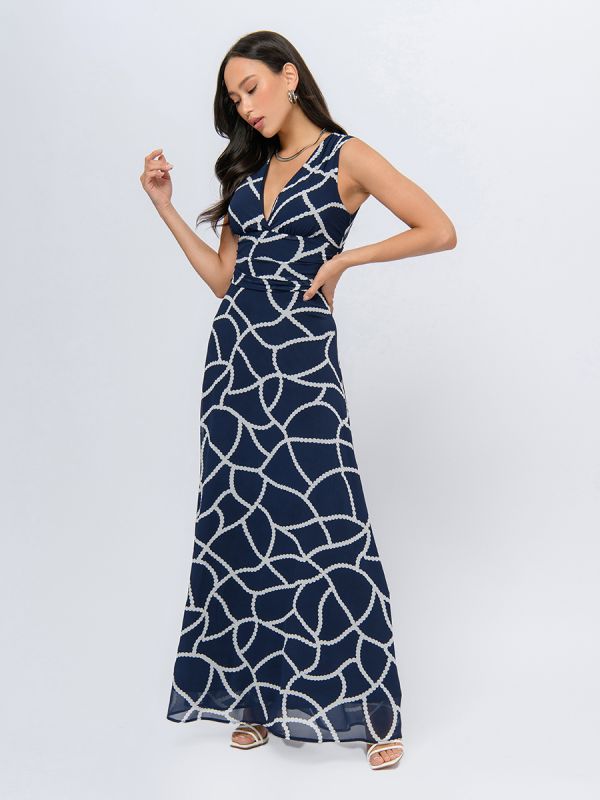 Blue color maxi length dress with print and deep neckline