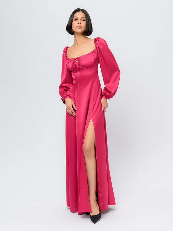 Raspberry colored maxi dress with rectangular neckline and slit on skirt