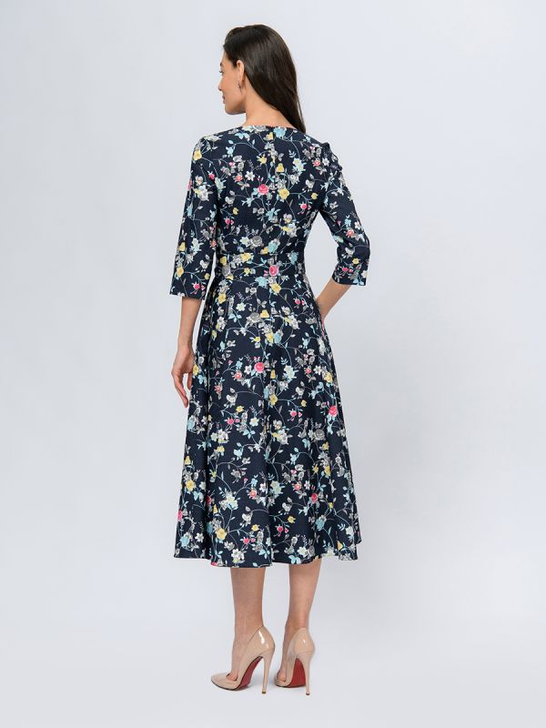 Navy blue midi length dress with floral print