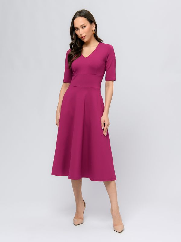 Berry colored midi length dress with deep neckline and 1/2 sleeves