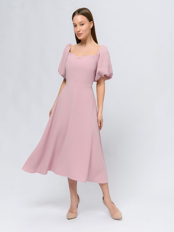 Dusty rose colored midi length dress with puffy skirt and open shoulders