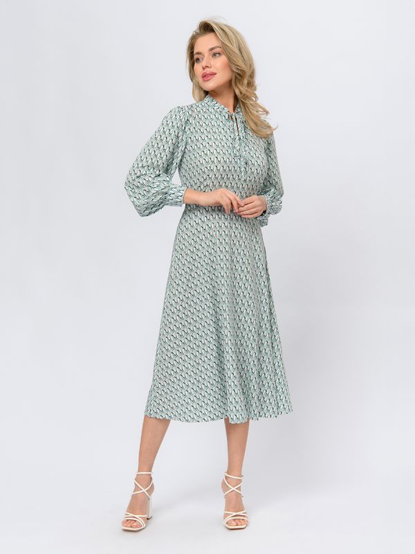 Mint-colored midi dress with print and tie at collar