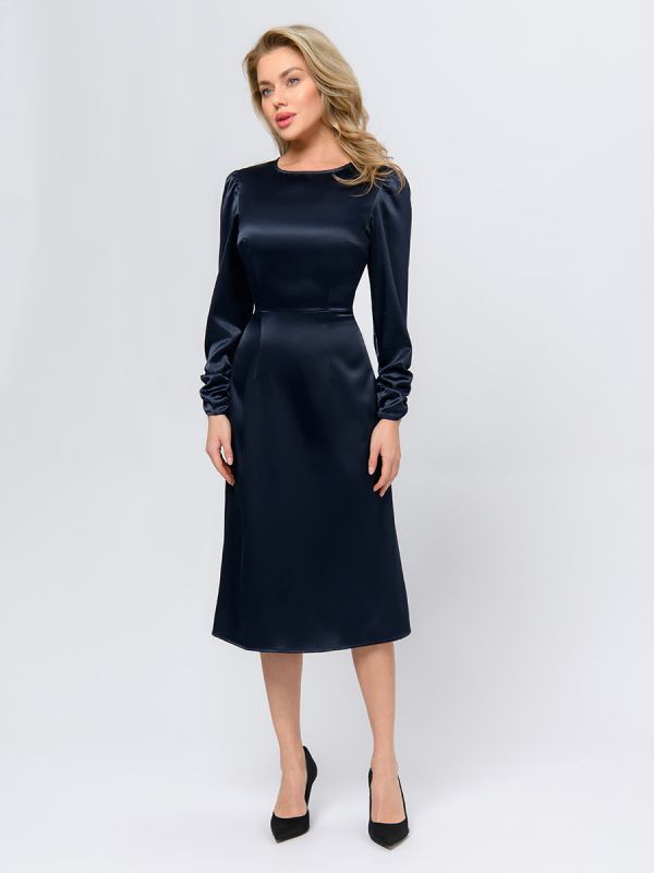 Blue color midi length dress with long sleeves