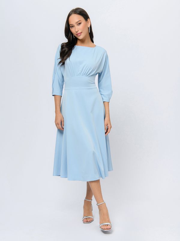 Blue midi length dress with flared skirt