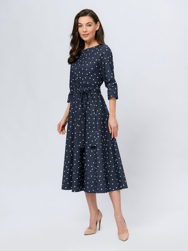 Dark blue color midi length dress with print