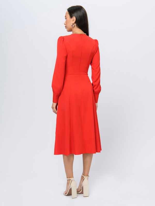 Red colored midi length dress with long sleeves