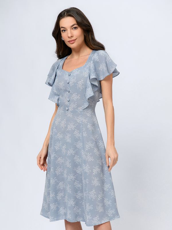 Blue color midi length dress with print and short sleeves